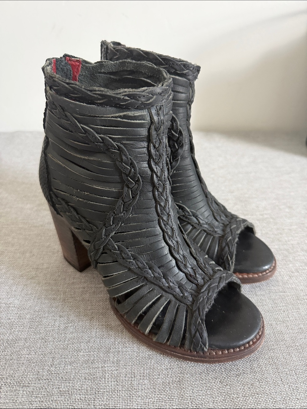 Freebird Bela Black Braided Open-Toe Ankle Heels